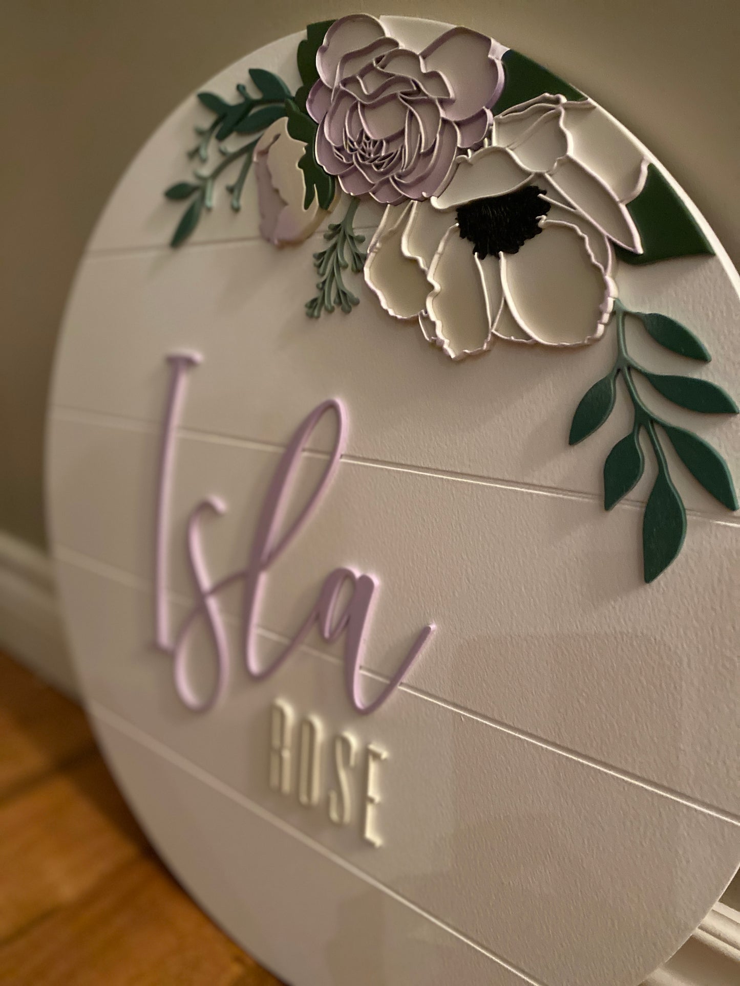 20" baby name round | floral overlay | name cutouts | painted | stained | kids room sign