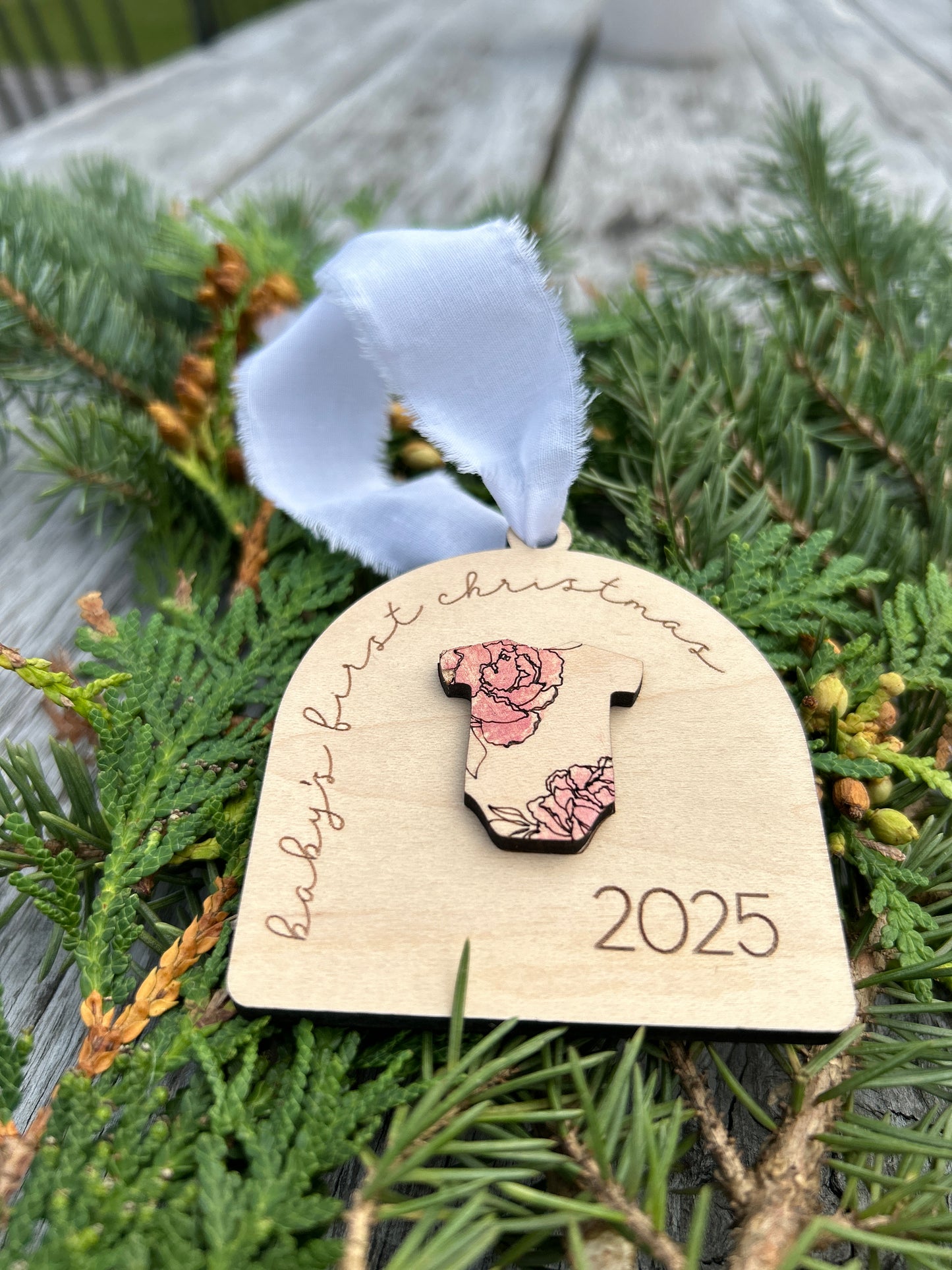 Baby's First Christmas Engraved Ornament | Onesie Baby Ornament | Arched Baby's First Christmas Ornament