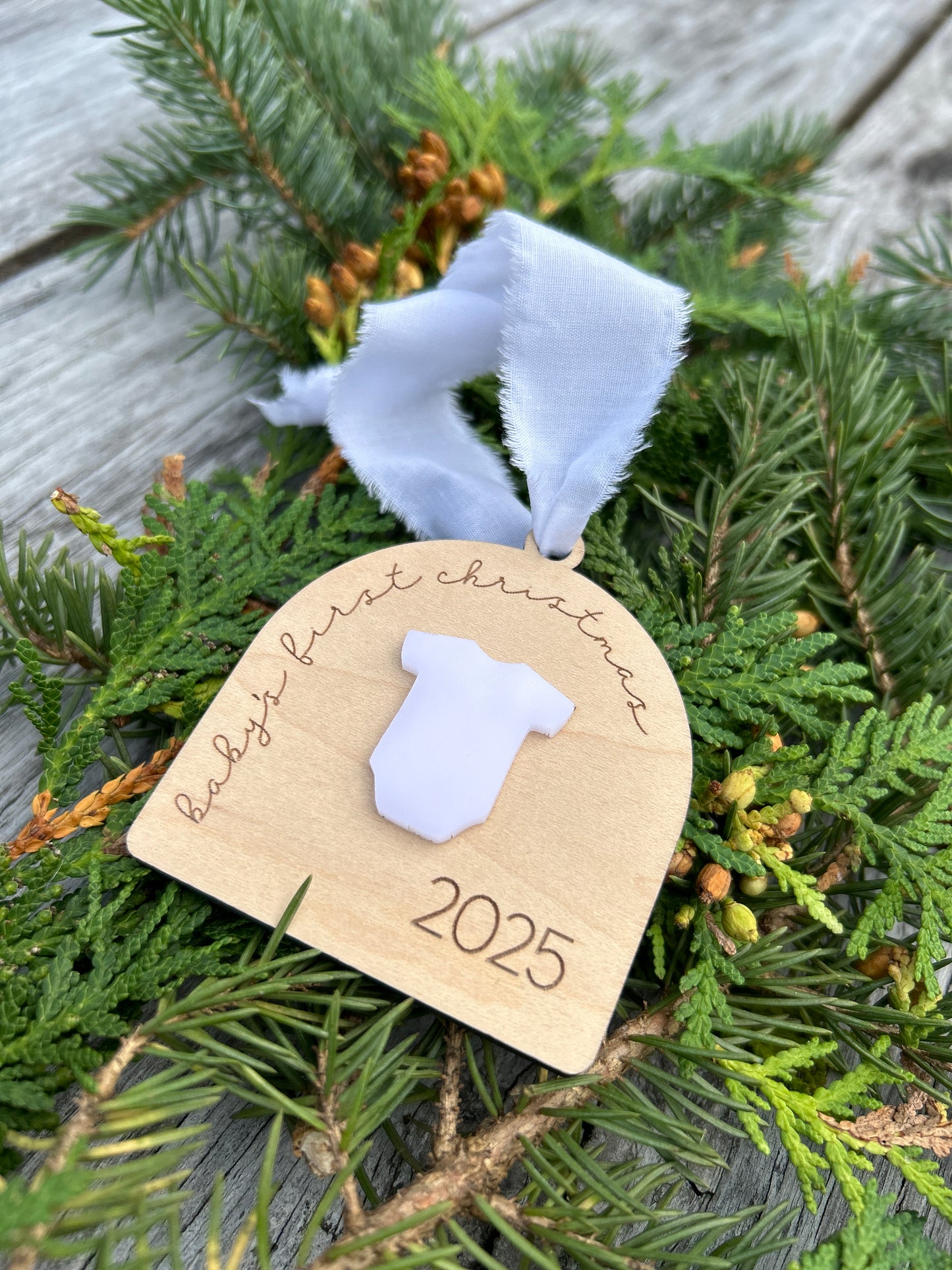 Baby's First Christmas Engraved Ornament | Onesie Baby Ornament | Arched Baby's First Christmas Ornament