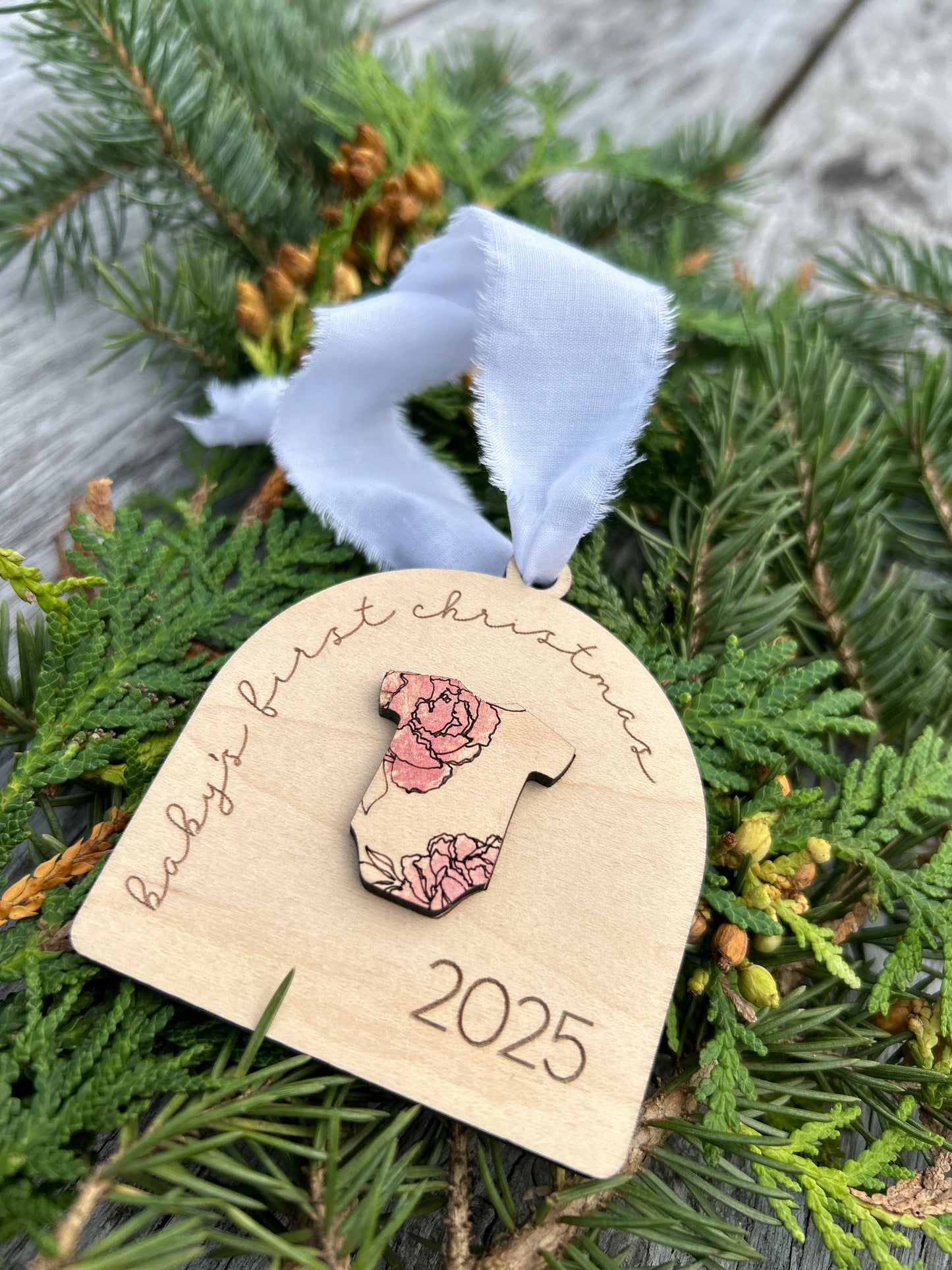 Baby's First Christmas Engraved Ornament | Onesie Baby Ornament | Arched Baby's First Christmas Ornament